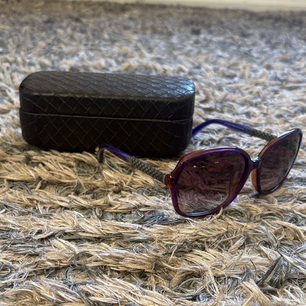 Bottega Veneta Intrecciato Metal Temple Oversized Square Sunglasses Purple
